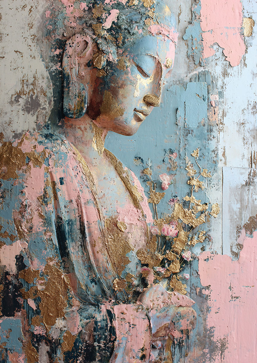 Artistic portrayal of a Buddha figure in pastel colours with gold accents on a textured background.